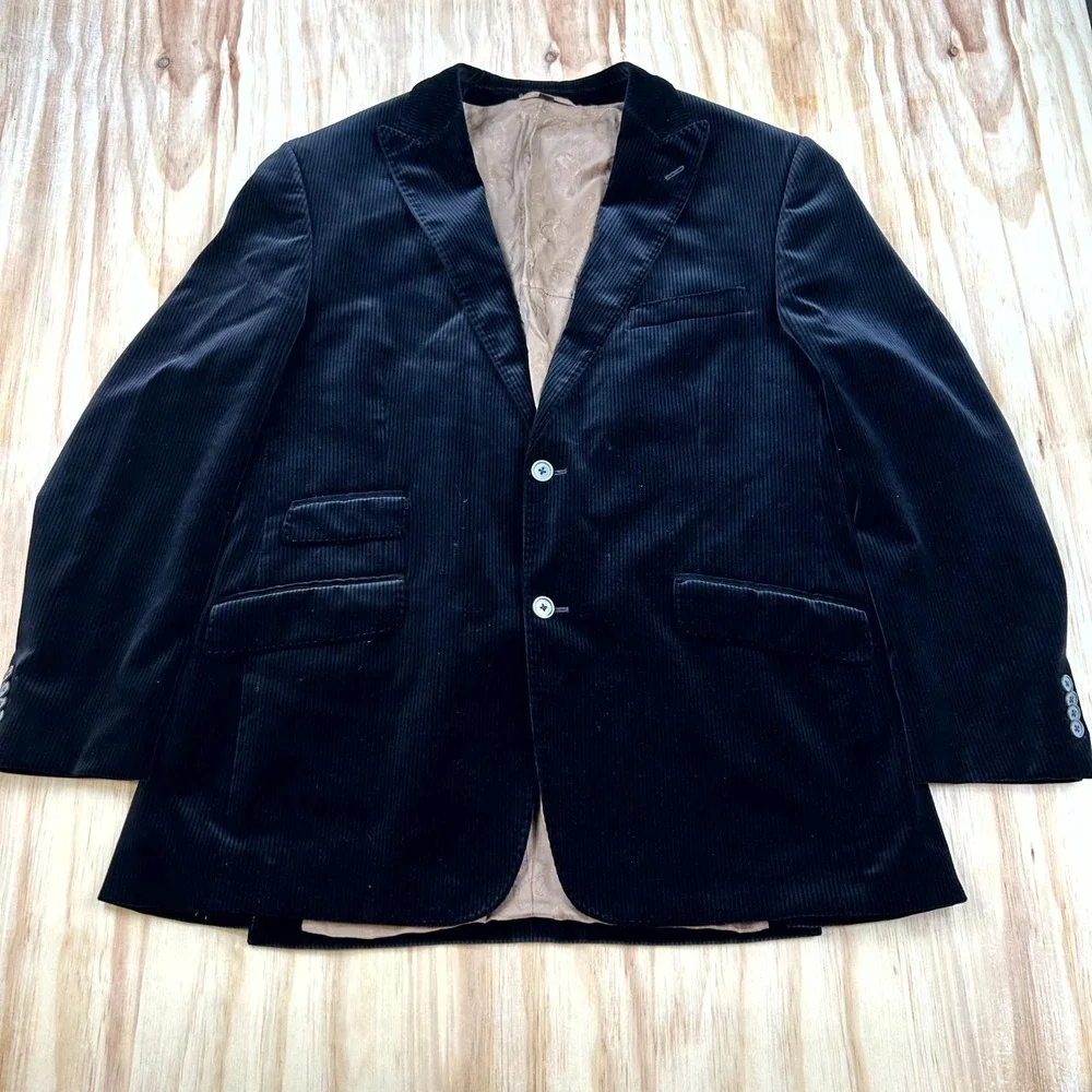 Kroon Blazer Men 44R Black Corduroy Lined Two-Button Jacket Dark Academia Office